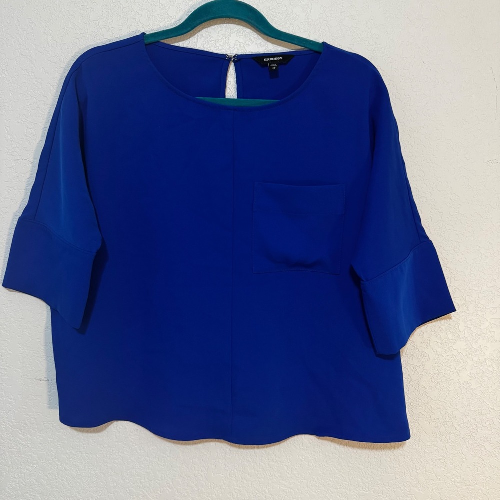 Express Womens Royal Blue‎ Bell Sleeve Keyhole Pocket Blouse Top XS TP